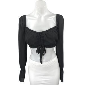 Tiger Mist Black Long Sleeve Ruffle Ruched Tie Back Blouse Crop Top Size M